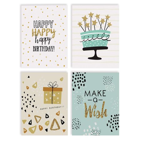 BETTER OFFICE PRODUCTS Happy Birthday Cards W/Envs, 4in x 6in 4 Cover Designs, Blank Inside, Elegant Gold Collection, 100PK 64530